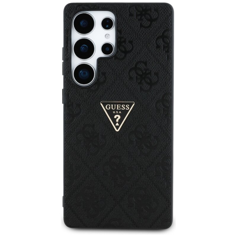 Husa Samsung Galaxy S25 Ultra Guess Leather Grained Hot Stamp 4G Triangle Metal, negru, GUHCS25LPGP4STRK