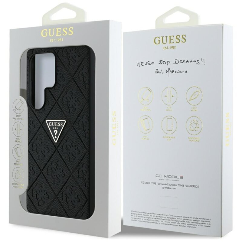 Husa Samsung Galaxy S25 Ultra Guess Leather Grained Hot Stamp 4G Triangle Metal, negru, GUHCS25LPGP4STRK
