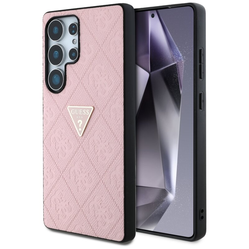 Husa Samsung Galaxy S25 Ultra Guess Leather Grained Hot Stamp 4G Triangle Metal, roz, GUHCS25LPGP4STRP