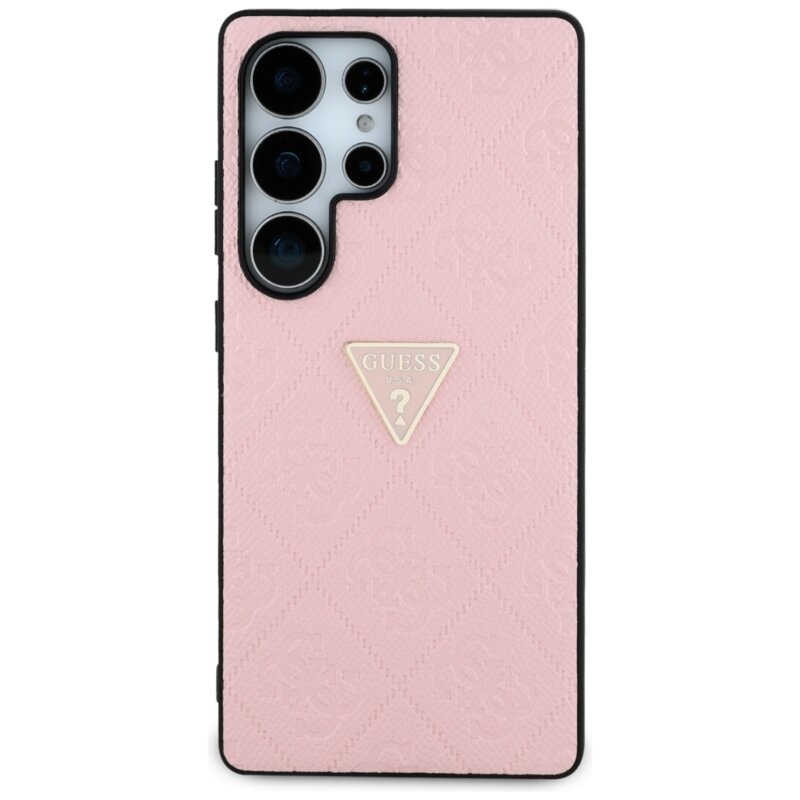 Husa Samsung Galaxy S25 Ultra Guess Leather Grained Hot Stamp 4G Triangle Metal, roz, GUHCS25LPGP4STRP