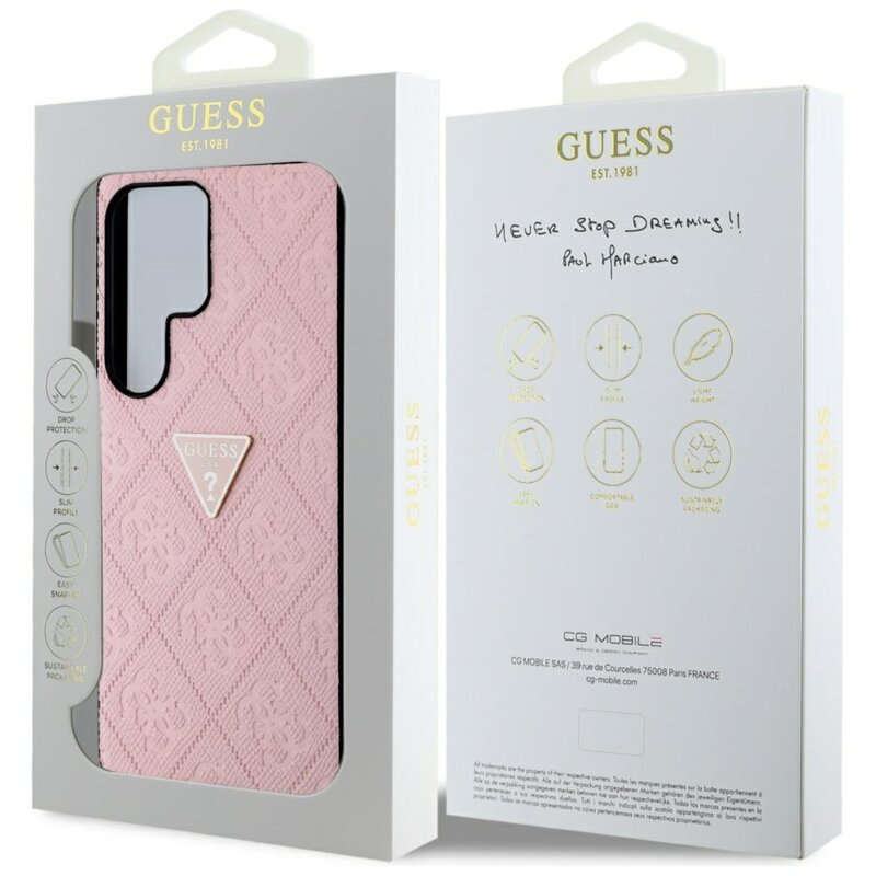 Husa Samsung Galaxy S25 Ultra Guess Leather Grained Hot Stamp 4G Triangle Metal, roz, GUHCS25LPGP4STRP