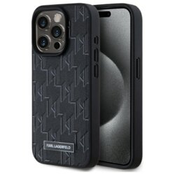 Husa iPhone 15 Pro Karl Lagerfeld Leather MagSafe, Monogram Metal Logo, negru, KLHMP15LPKHPORPK
