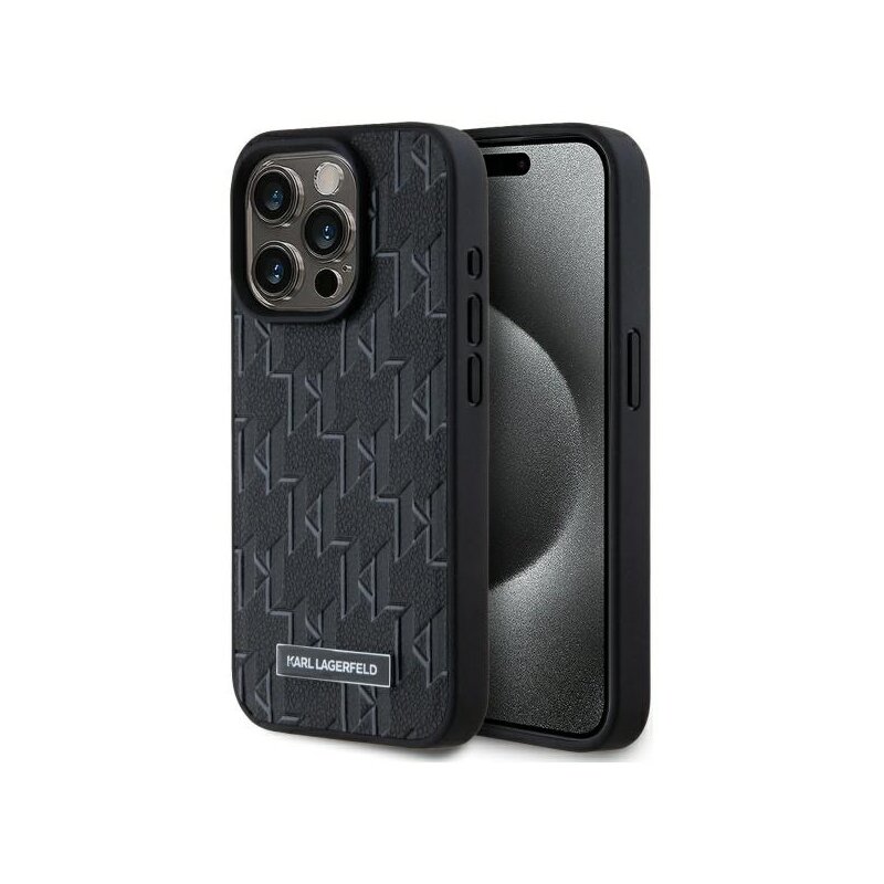 Husa iPhone 15 Pro Karl Lagerfeld Leather MagSafe, Monogram Metal Logo, negru, KLHMP15LPKHPORPK