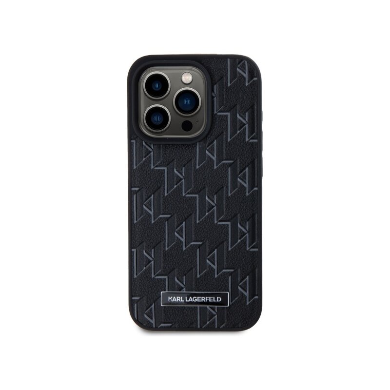 Husa iPhone 15 Pro Karl Lagerfeld Leather MagSafe, Monogram Metal Logo, negru, KLHMP15LPKHPORPK
