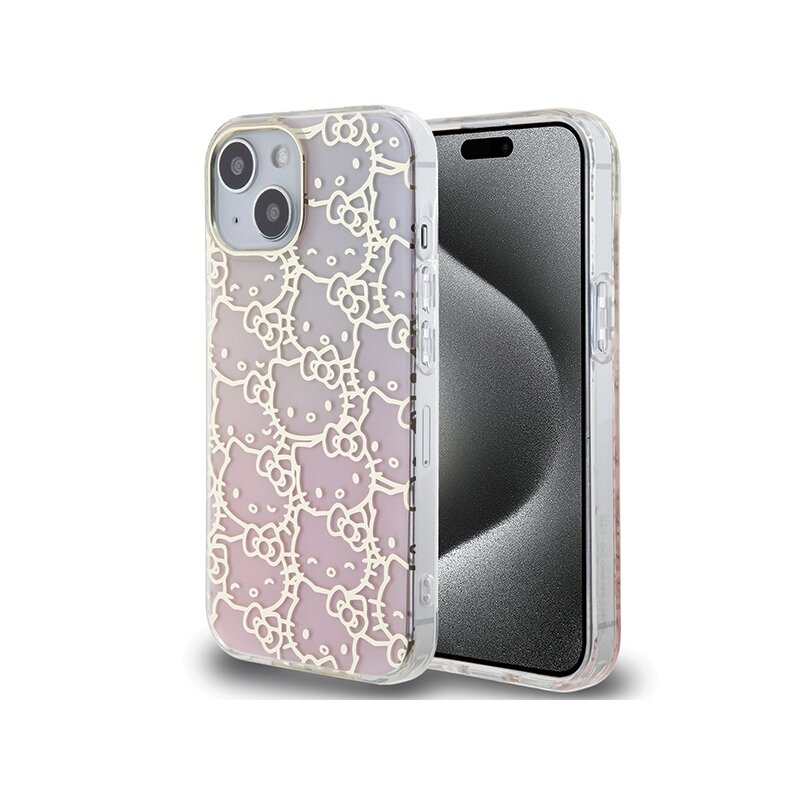 Husa Hello Kitty iPhone 15 Hardcase IML Gradient Electrop Crowded Kitty Head, roz, HKHCP15SHCHPEP