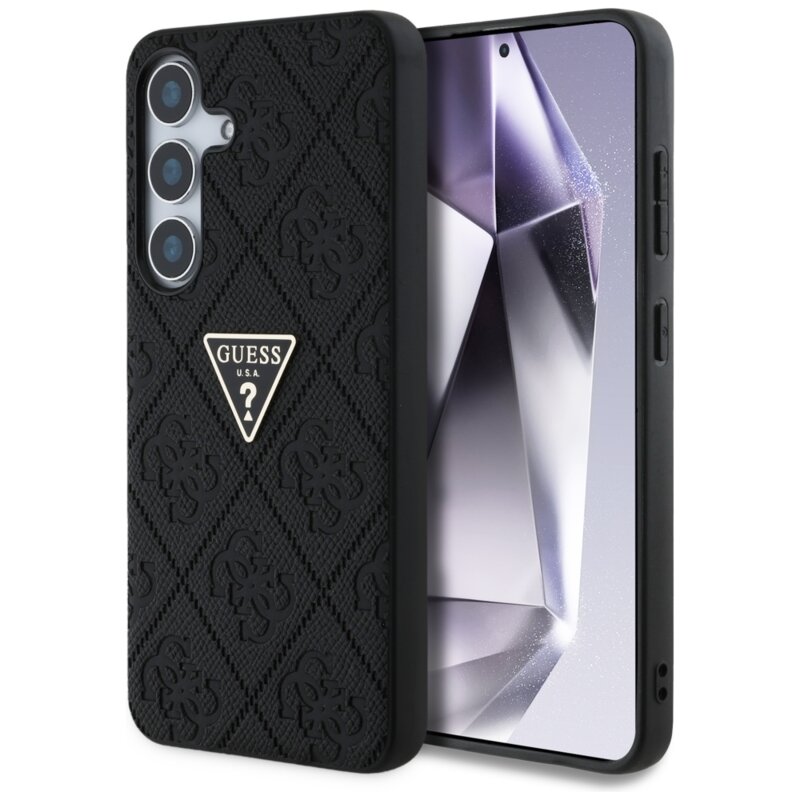 Husa Samsung Galaxy S25 Guess Leather Grained Hot Stamp 4G Triangle Metal, negru, GUHCS25SPGP4STRK