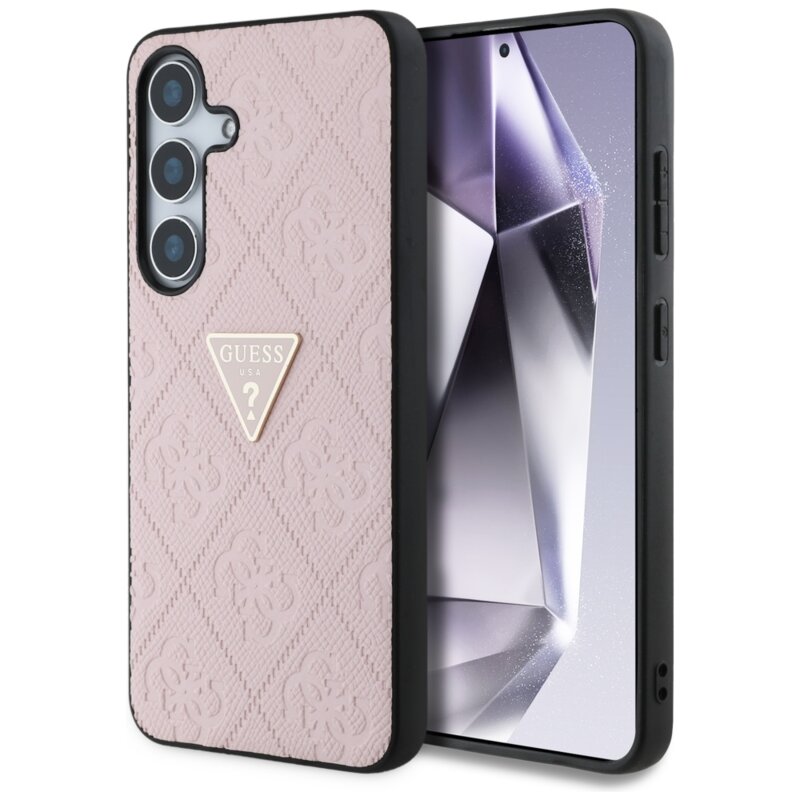 Husa Samsung Galaxy S25 Guess Leather Grained Hot Stamp 4G Triangle Metal, roz, GUHCS25SPGP4STRP