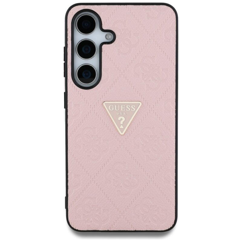 Husa Samsung Galaxy S25 Guess Leather Grained Hot Stamp 4G Triangle Metal, roz, GUHCS25SPGP4STRP