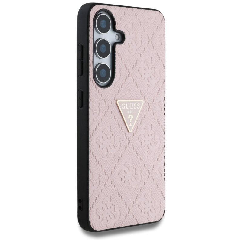 Husa Samsung Galaxy S25 Guess Leather Grained Hot Stamp 4G Triangle Metal, roz, GUHCS25SPGP4STRP