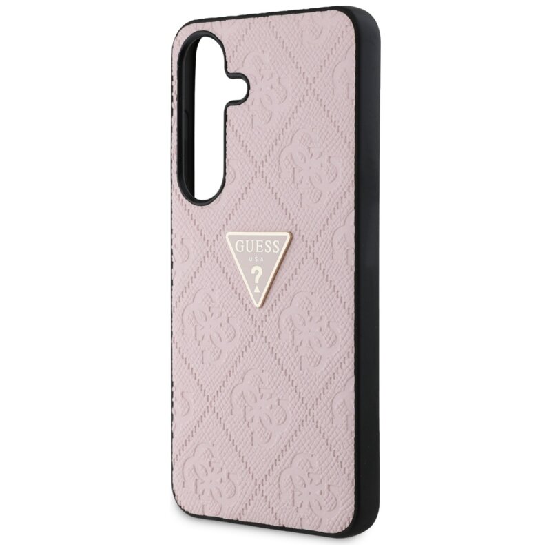 Husa Samsung Galaxy S25 Guess Leather Grained Hot Stamp 4G Triangle Metal, roz, GUHCS25SPGP4STRP