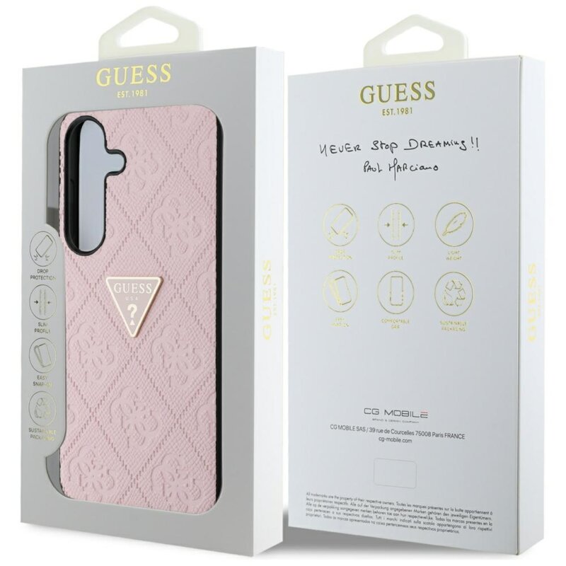 Husa Samsung Galaxy S25 Guess Leather Grained Hot Stamp 4G Triangle Metal, roz, GUHCS25SPGP4STRP