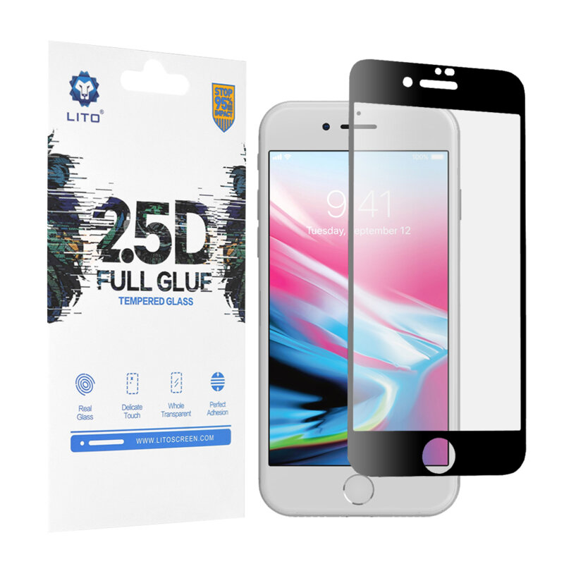 Folie Sticla iPhone 8 Lito 2.5D Full Glue Full Cover Cu Rama - Negru