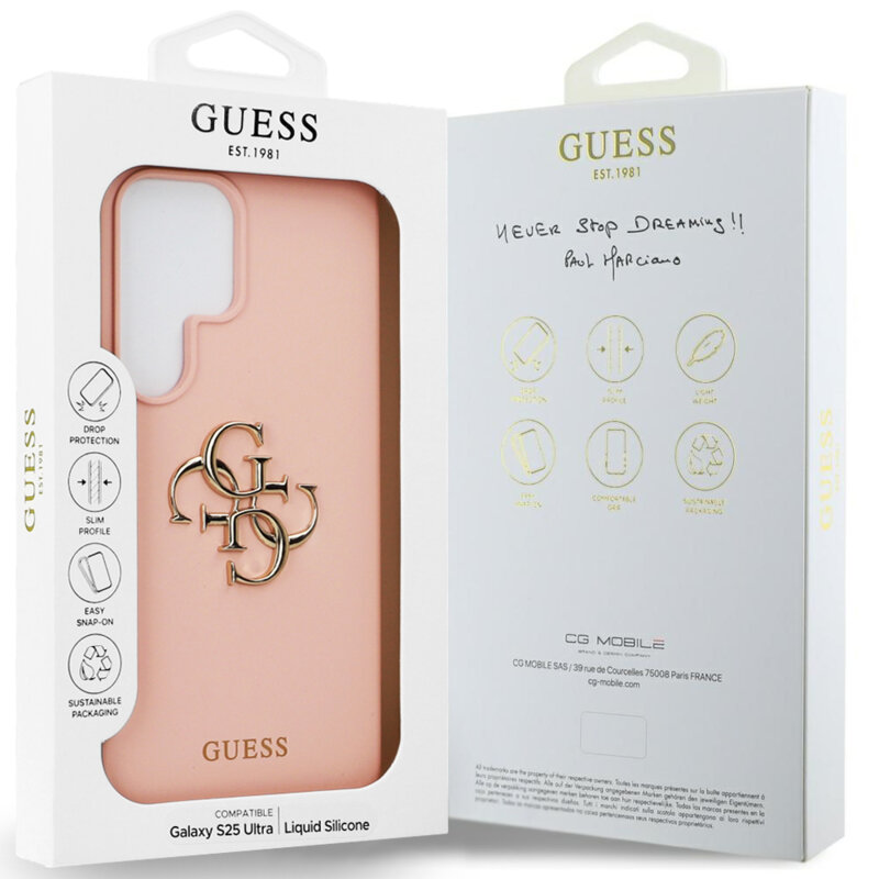 Husa Guess Samsung Galaxy S25 Ultra Silicone 4G Big Metal Logo, roz, GUHCS25LS4SMDP