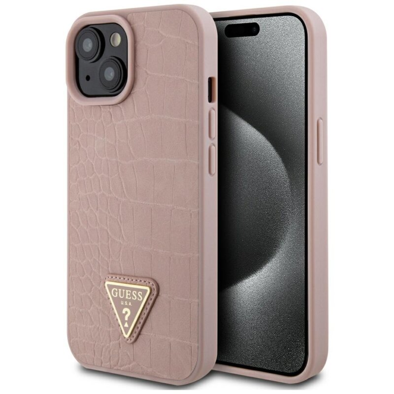 Husa originala Guess iPhone 15 Croco Triangle Metal Logo, roz, GUHCP15SPCRTHCP