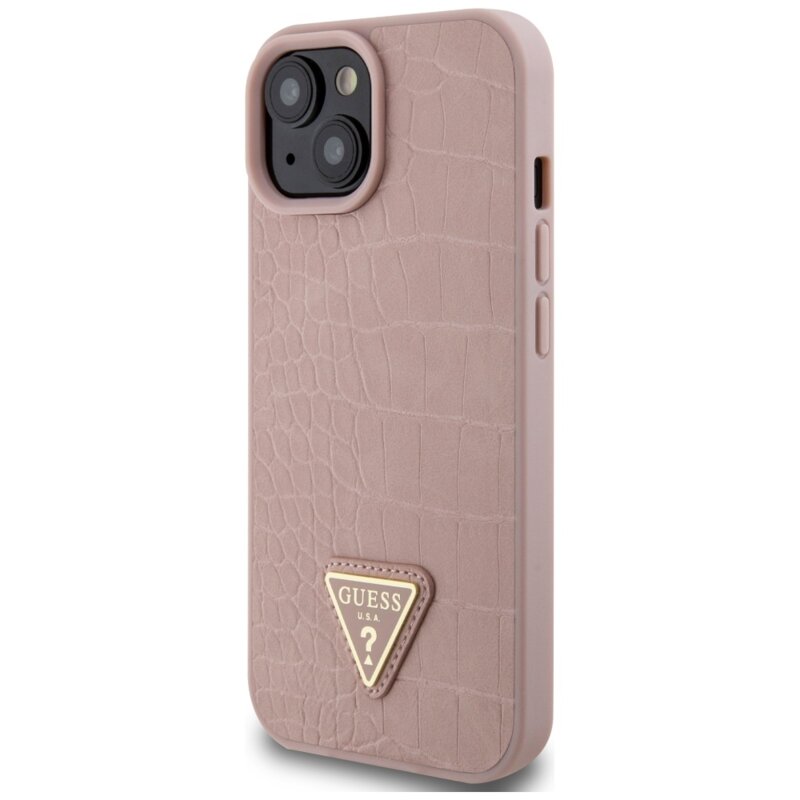 Husa originala Guess iPhone 15 Croco Triangle Metal Logo, roz, GUHCP15SPCRTHCP