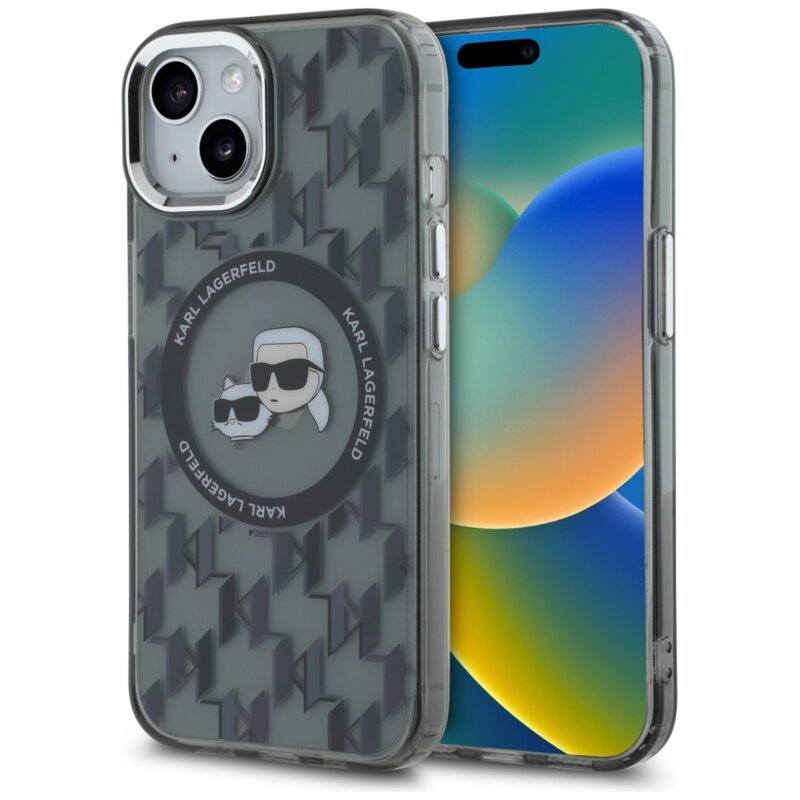 Husa iPhone 15 Plus Karl Lagerfeld IML MagSafe, Monogram Karl&Choupette Head, negru, KLHMP15MHMCKMHK