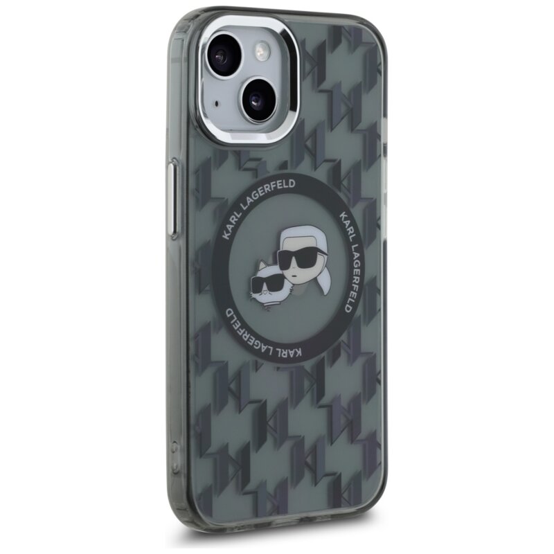 Husa iPhone 15 Plus Karl Lagerfeld IML MagSafe, Monogram Karl&Choupette Head, negru, KLHMP15MHMCKMHK