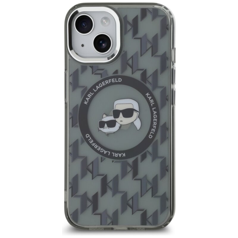 Husa iPhone 15 Plus Karl Lagerfeld IML MagSafe, Monogram Karl&Choupette Head, negru, KLHMP15MHMCKMHK