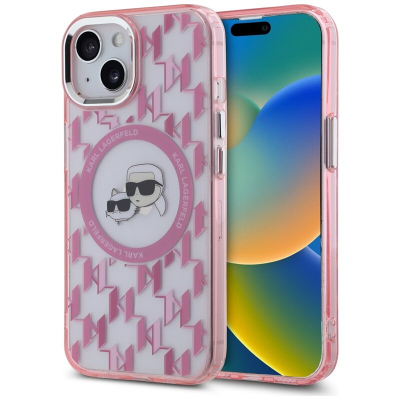 Husa iPhone 15 Plus Karl Lagerfeld IML MagSafe, Monogram Karl&Choupette Head, roz, KLHMP15MHMCKMHP