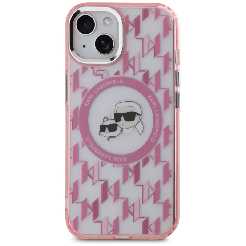 Husa iPhone 15 Plus Karl Lagerfeld IML MagSafe, Monogram Karl&Choupette Head, roz, KLHMP15MHMCKMHP