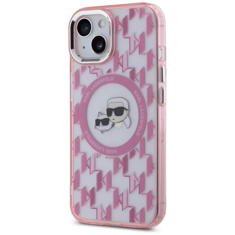 Husa iPhone 15 Plus Karl Lagerfeld IML MagSafe, Monogram Karl&Choupette Head, roz, KLHMP15MHMCKMHP