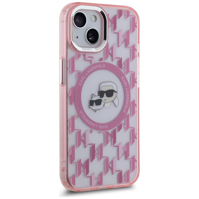 Husa iPhone 15 Karl Lagerfeld IML MagSafe, Monogram Karl&Choupette Head, roz, KLHMP15SHMCKMHP