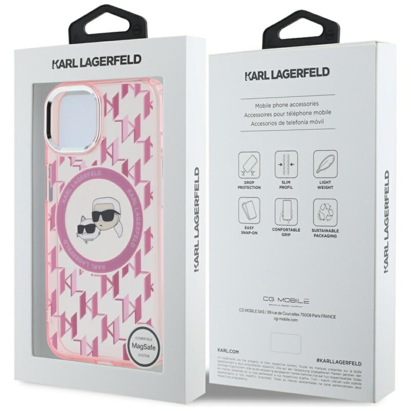 Husa iPhone 15 Karl Lagerfeld IML MagSafe, Monogram Karl&Choupette Head, roz, KLHMP15SHMCKMHP