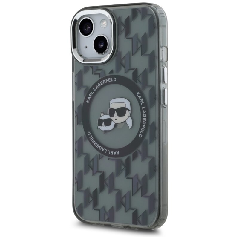 Husa iPhone 15 Karl Lagerfeld IML MagSafe, Monogram Karl&Choupette Head, negru, KLHMP15SHMCKMHK