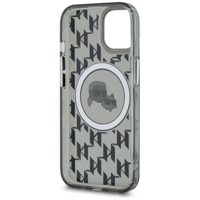 Husa iPhone 15 Karl Lagerfeld IML MagSafe, Monogram Karl&Choupette Head, negru, KLHMP15SHMCKMHK