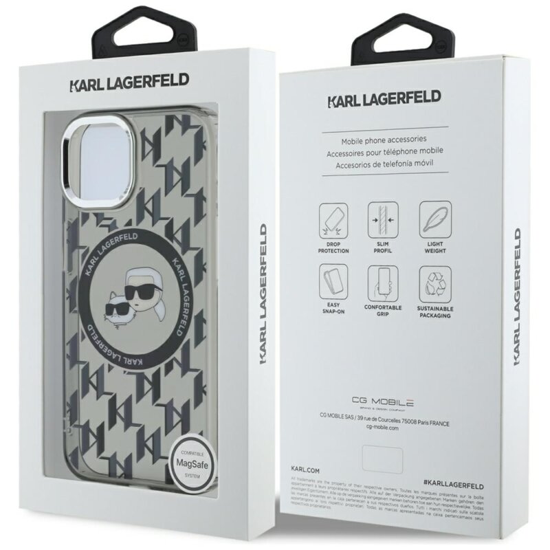 Husa iPhone 15 Karl Lagerfeld IML MagSafe, Monogram Karl&Choupette Head, negru, KLHMP15SHMCKMHK