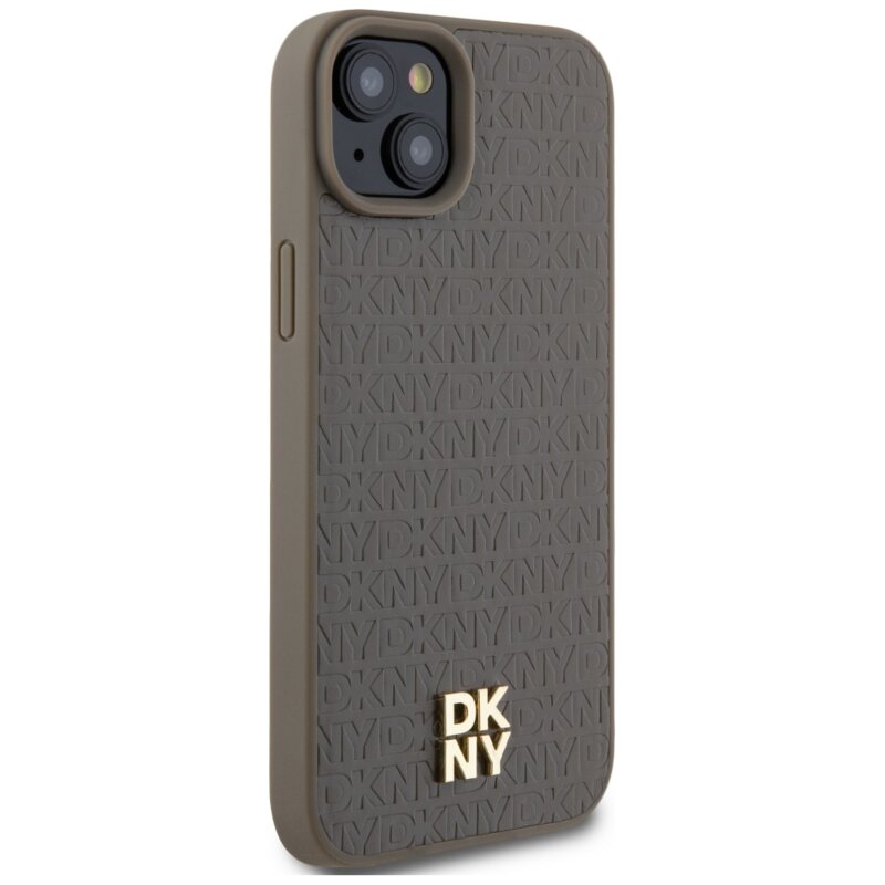 Husa piele iPhone 15 DKNY Leather Pattern Metal Logo MagSafe, maro, DKHMP15SPSHRPSW