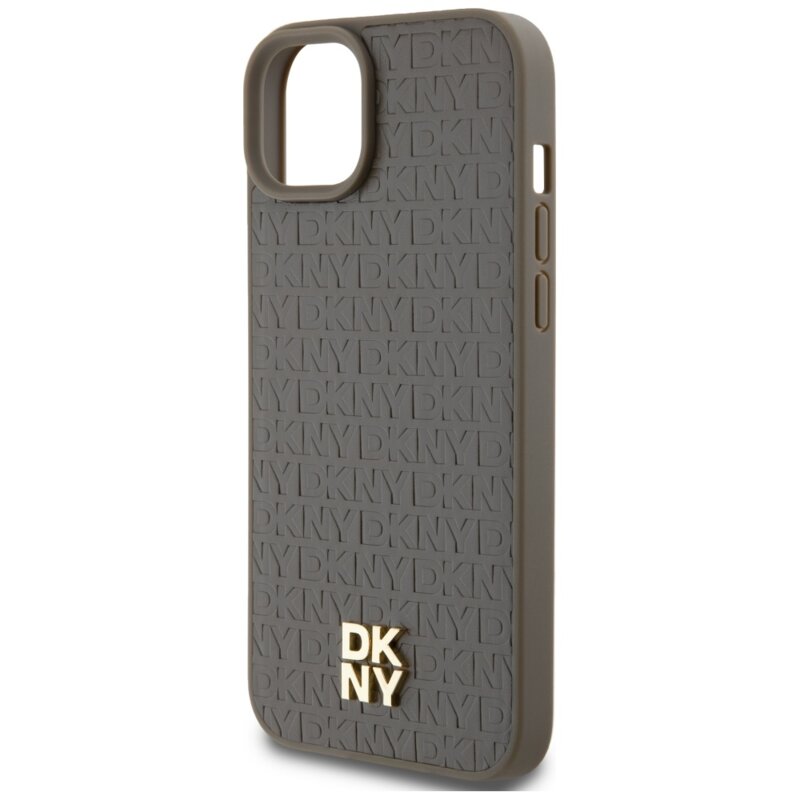 Husa piele iPhone 15 DKNY Leather Pattern Metal Logo MagSafe, maro, DKHMP15SPSHRPSW