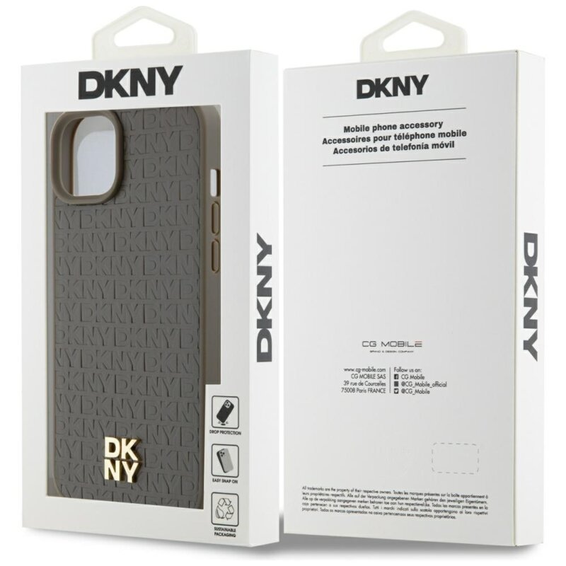 Husa piele iPhone 15 DKNY Leather Pattern Metal Logo MagSafe, maro, DKHMP15SPSHRPSW
