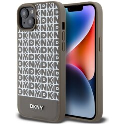 Husa piele iPhone 15 DKNY Leather Printed Pattern Metal Logo MagSafe, maro, DKHMP15SPSOSPW