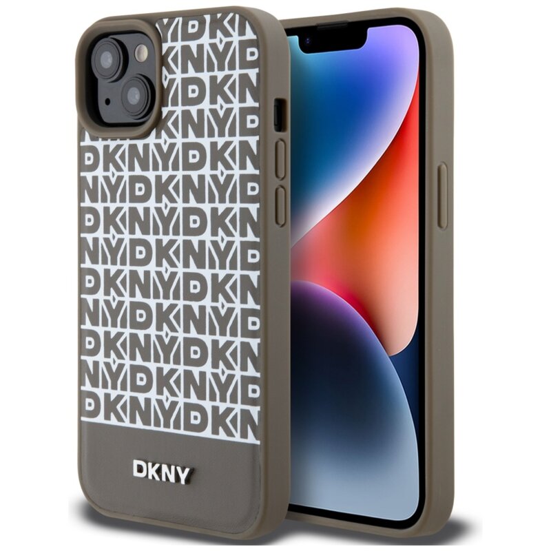 Husa piele iPhone 15 DKNY Leather Printed Pattern Metal Logo MagSafe, maro, DKHMP15SPSOSPW