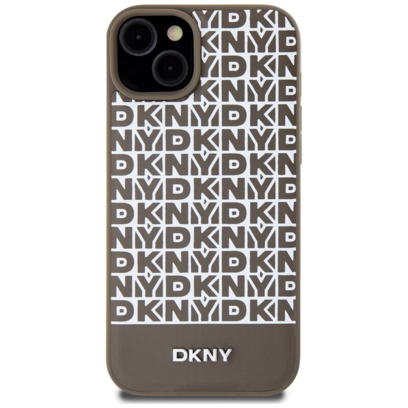 Husa piele iPhone 15 DKNY Leather Printed Pattern Metal Logo MagSafe, maro, DKHMP15SPSOSPW