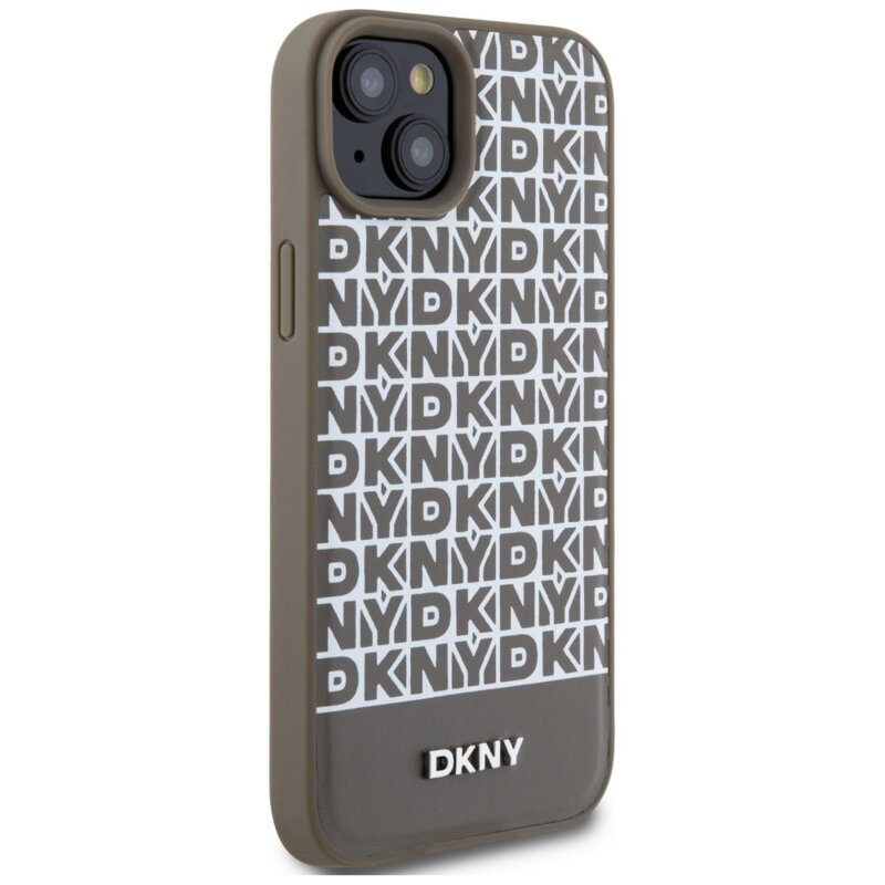 Husa piele iPhone 15 DKNY Leather Printed Pattern Metal Logo MagSafe, maro, DKHMP15SPSOSPW