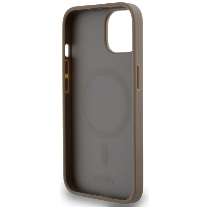 Husa piele iPhone 15 DKNY Leather Printed Pattern Metal Logo MagSafe, maro, DKHMP15SPSOSPW