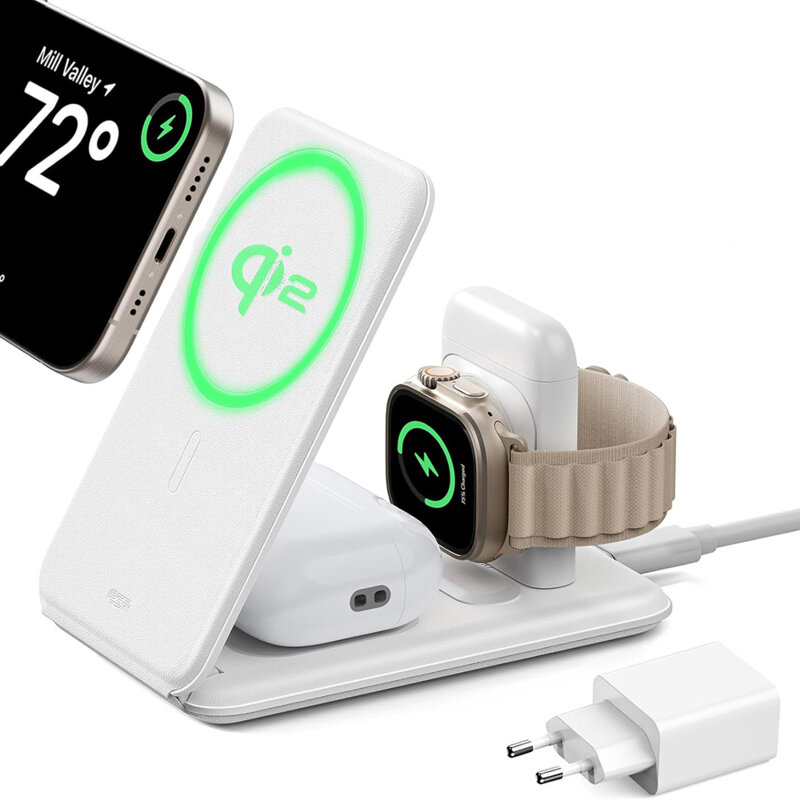 Statie de incarcare 3in1 wireless ESR, Qi2 15W, set, alb