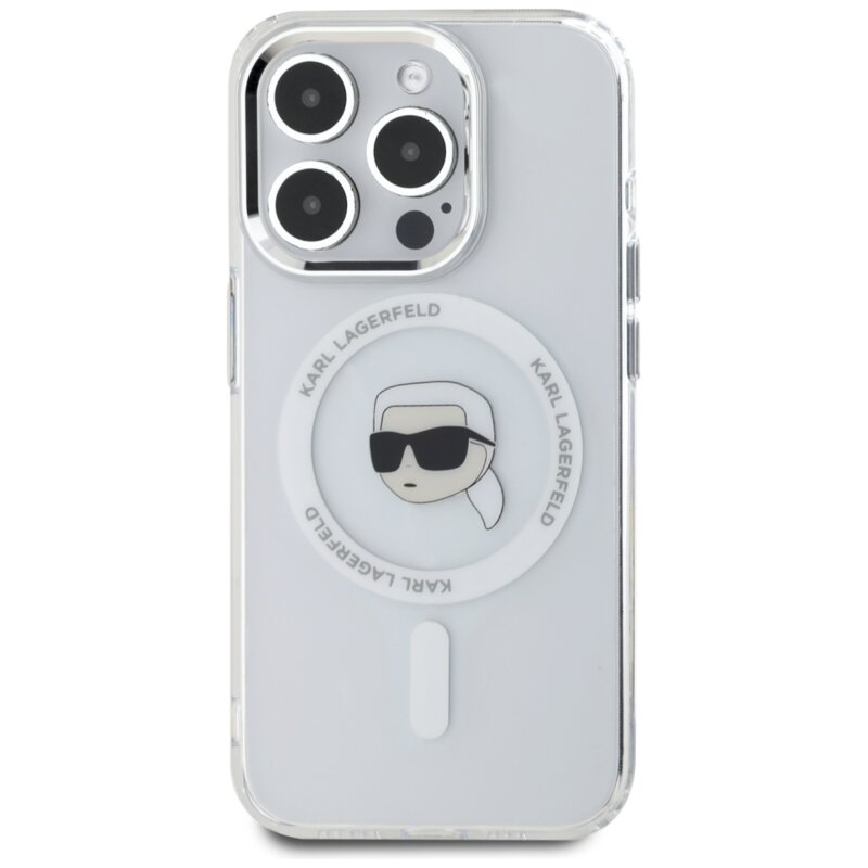 Husa iPhone 15 Pro Karl Lagerfeld IML MagSafe, Karl`s Head, alb, KLHMP15LHLSKIH