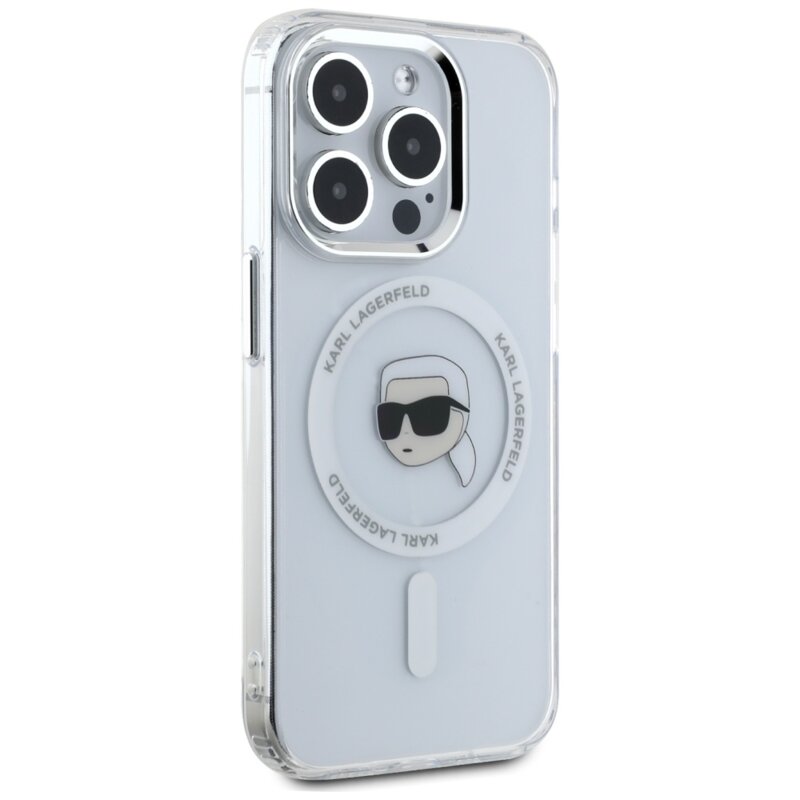 Husa iPhone 15 Pro Karl Lagerfeld IML MagSafe, Karl`s Head, alb, KLHMP15LHLSKIH
