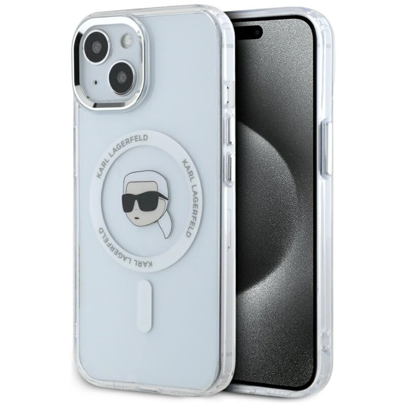 Husa iPhone 15 Plus Karl Lagerfeld IML MagSafe, Karl`s Head, alb, KLHMP15MHLSKIH