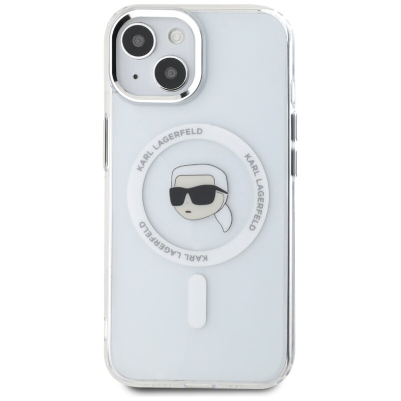 Husa iPhone 15 Karl Lagerfeld IML MagSafe, White Karl`s Head, alb, KLHMP15SHLSKIH