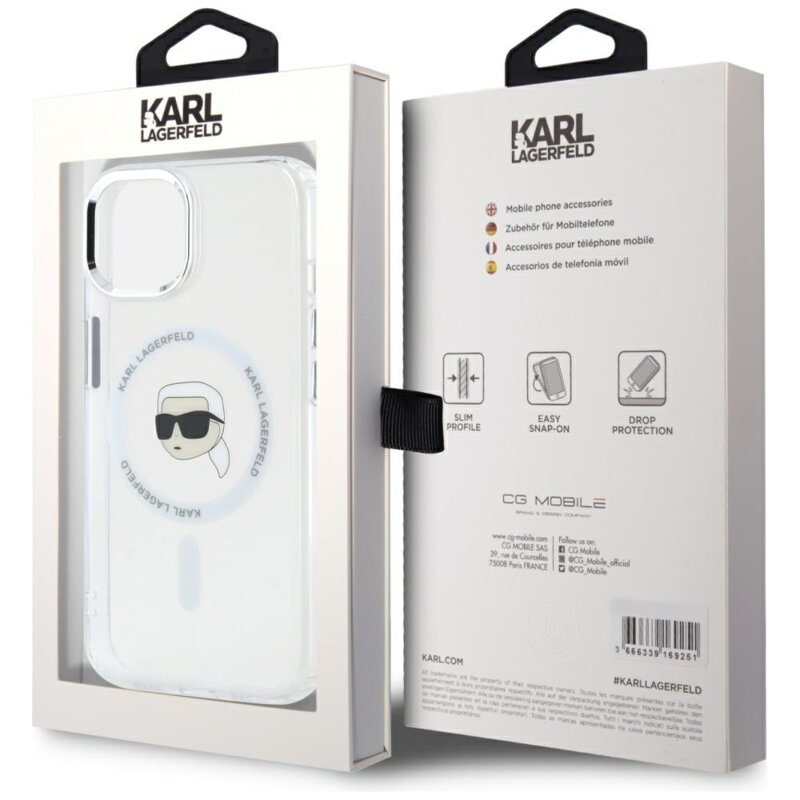 Husa iPhone 15 Karl Lagerfeld IML MagSafe, White Karl`s Head, alb, KLHMP15SHLSKIH