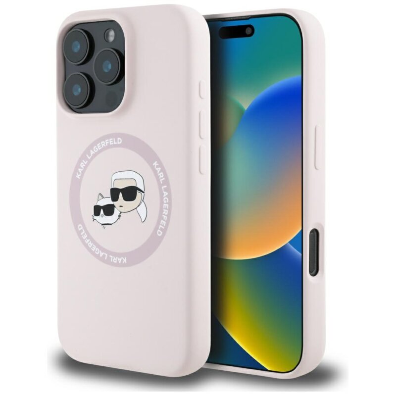 Husa Karl Lagerfeld iPhone 16 Pro Max Silicone MagSafe, Karl&Choupette Head, roz, KLHMP16XSKCHTCP
