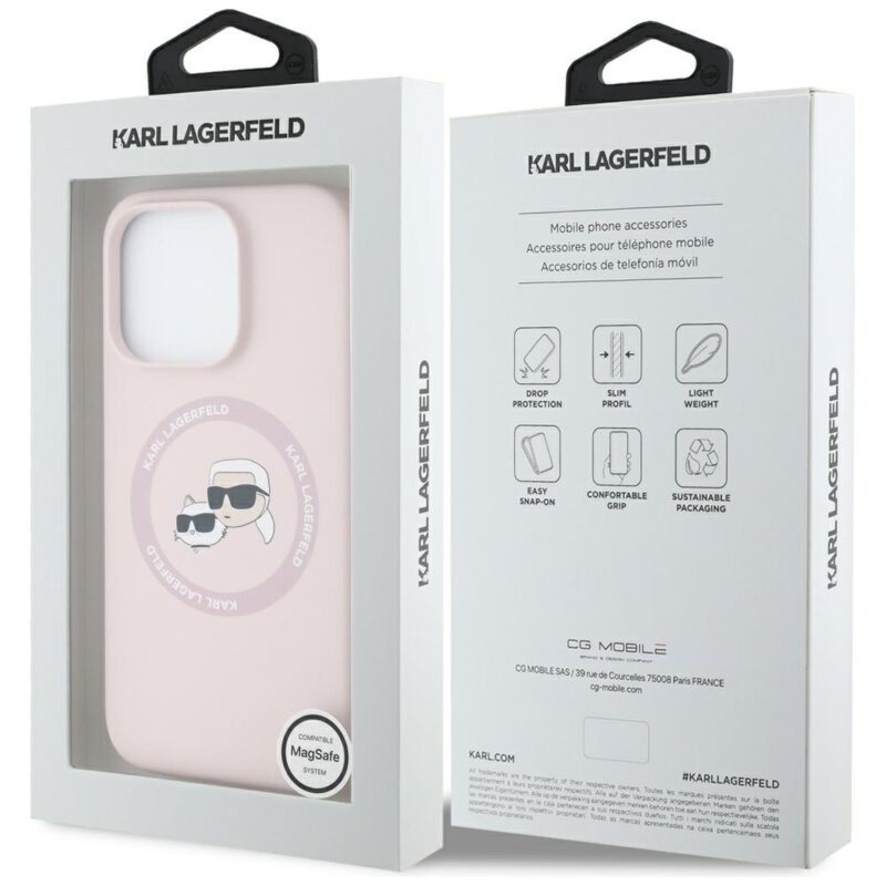 Husa Karl Lagerfeld iPhone 16 Pro Silicone MagSafe, Karl&Choupette Head, roz, KLHMP16LSKCHTCP
