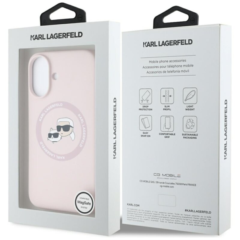 Husa Karl Lagerfeld iPhone 16 Silicone MagSafe, Karl&Choupette Head, roz, KLHMP16SSKCHTCP