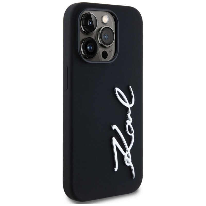 Husa Karl Lagerfeld iPhone 14 Pro Silicone, Karl Script, negru, KLHCP14LSCMSMVK
