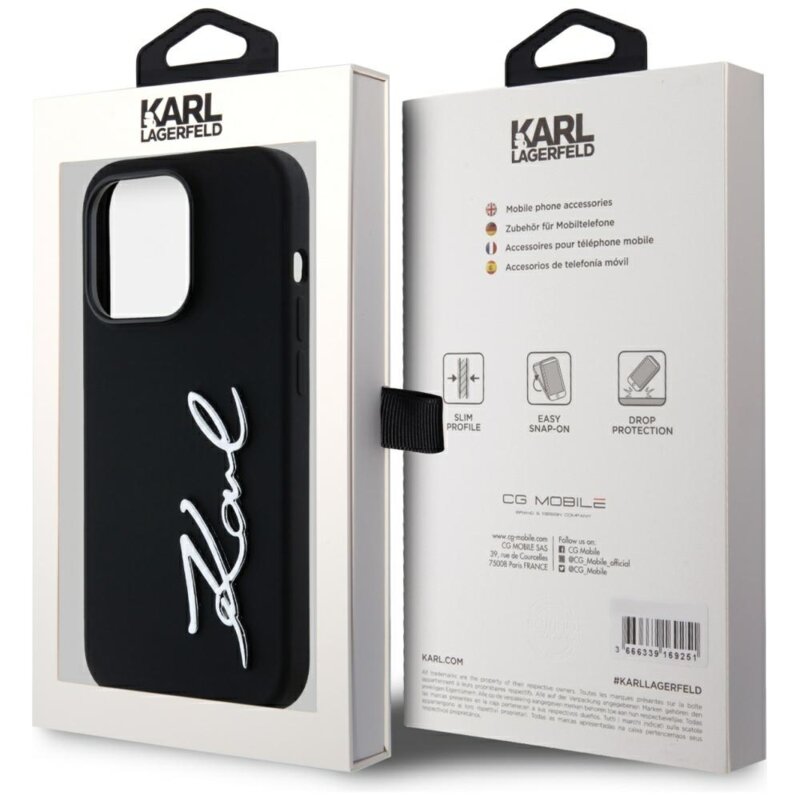 Husa Karl Lagerfeld iPhone 14 Pro Silicone, Karl Script, negru, KLHCP14LSCMSMVK