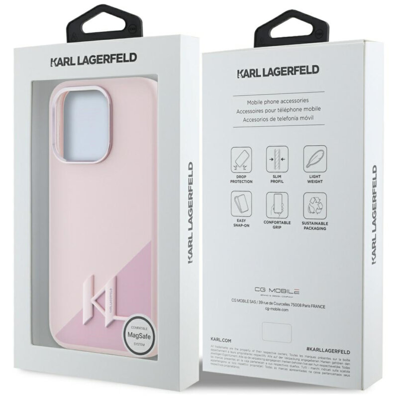 Husa Karl Lagerfeld iPhone 15 Pro Max Silicone MagSafe, Shadow Metal Initial, roz, KLHMP15XSCMKMPCP